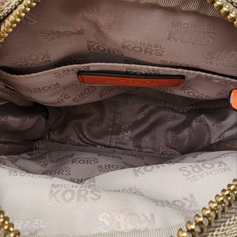 Michael Kors Crossbody Signature Logo Canvas Beige Tangerine strap zipped - Picture 5 of 6